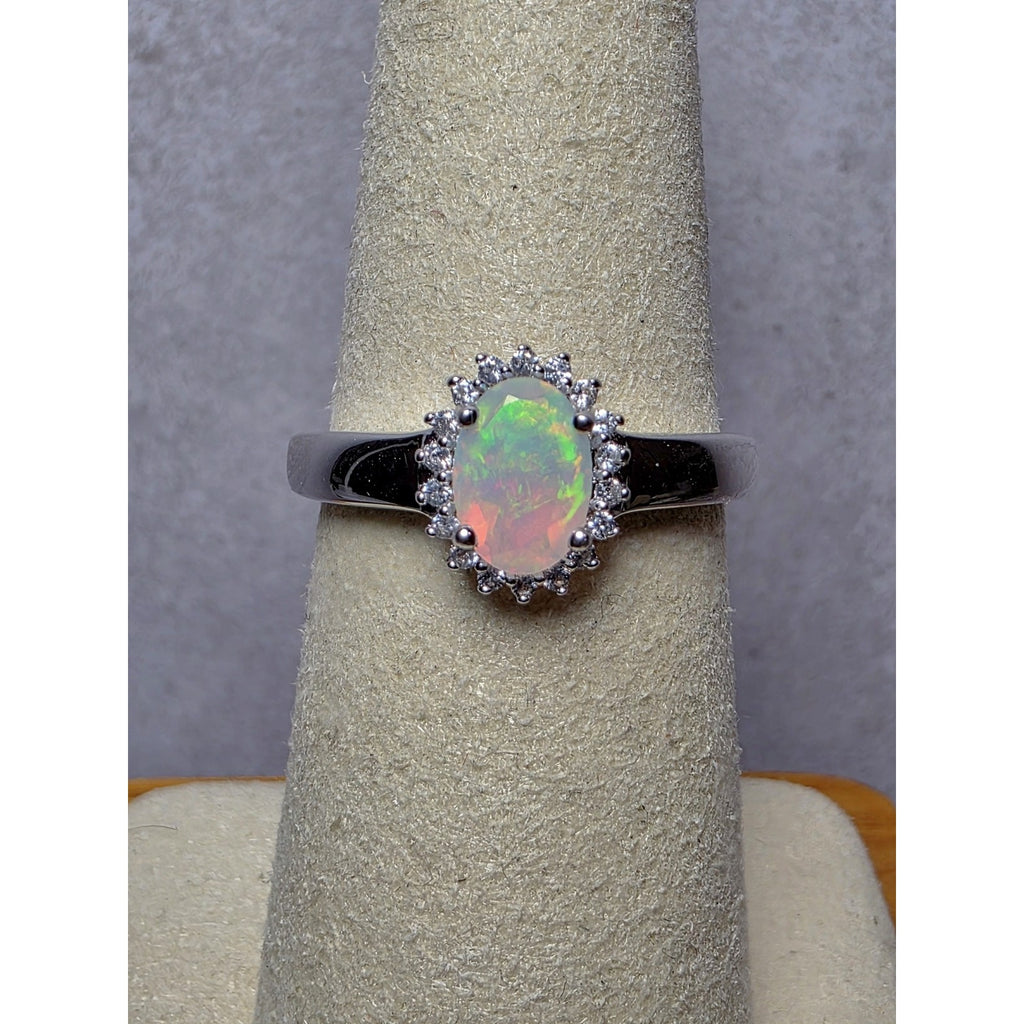 S7 Natural Ethiopian Opal w/0.46ctw Moissanite Halo Ring 925 Sterling Silver