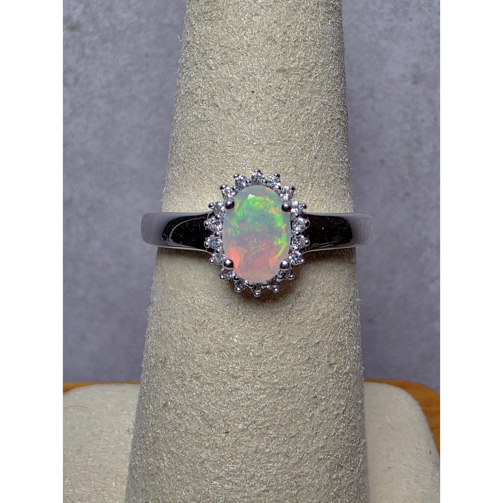 S7 Natural Ethiopian Opal w/0.46ctw Moissanite Halo Ring 925 Sterling Silver