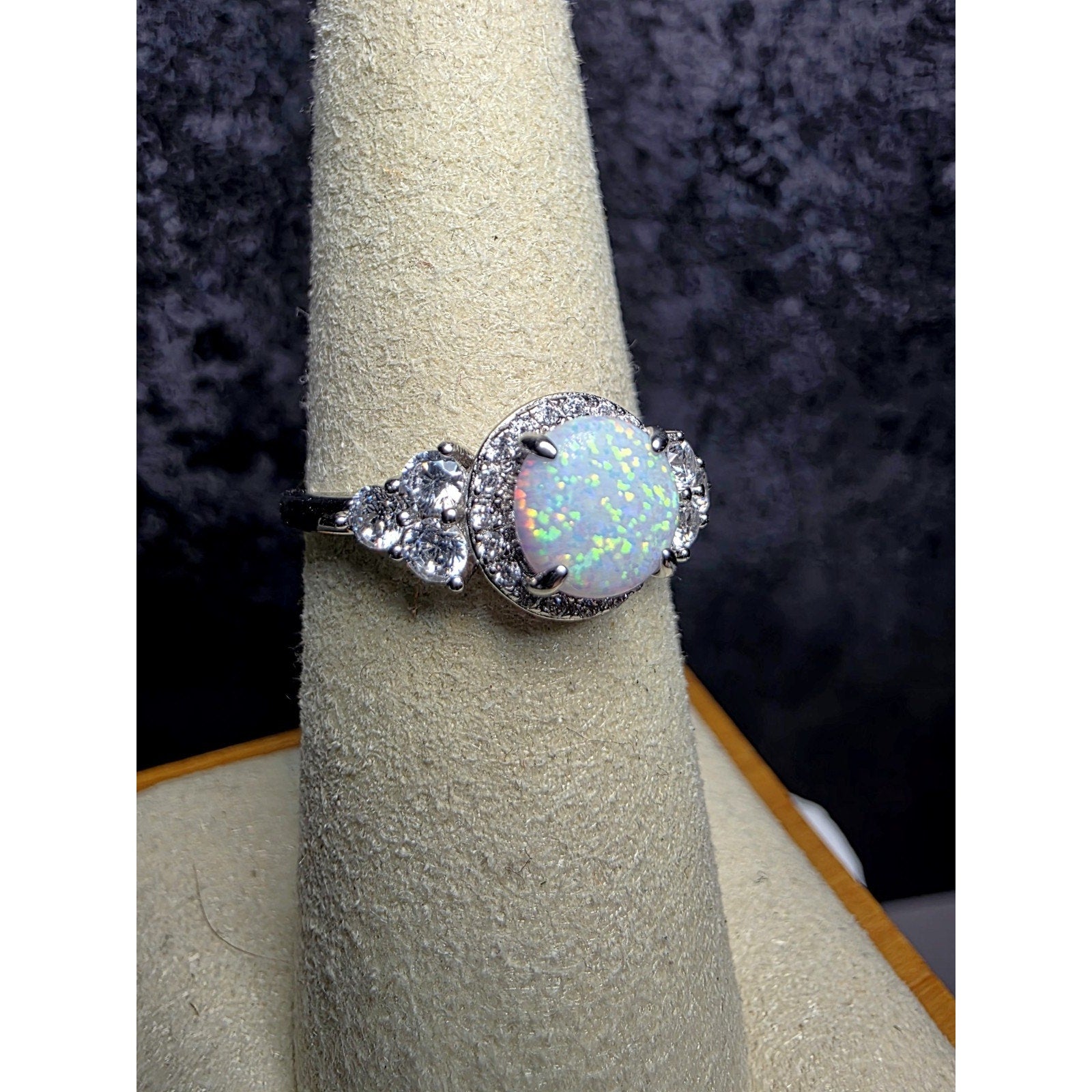 S7 Fire Opal w/ Moissanite Halo Ring 925 Sterling Silver