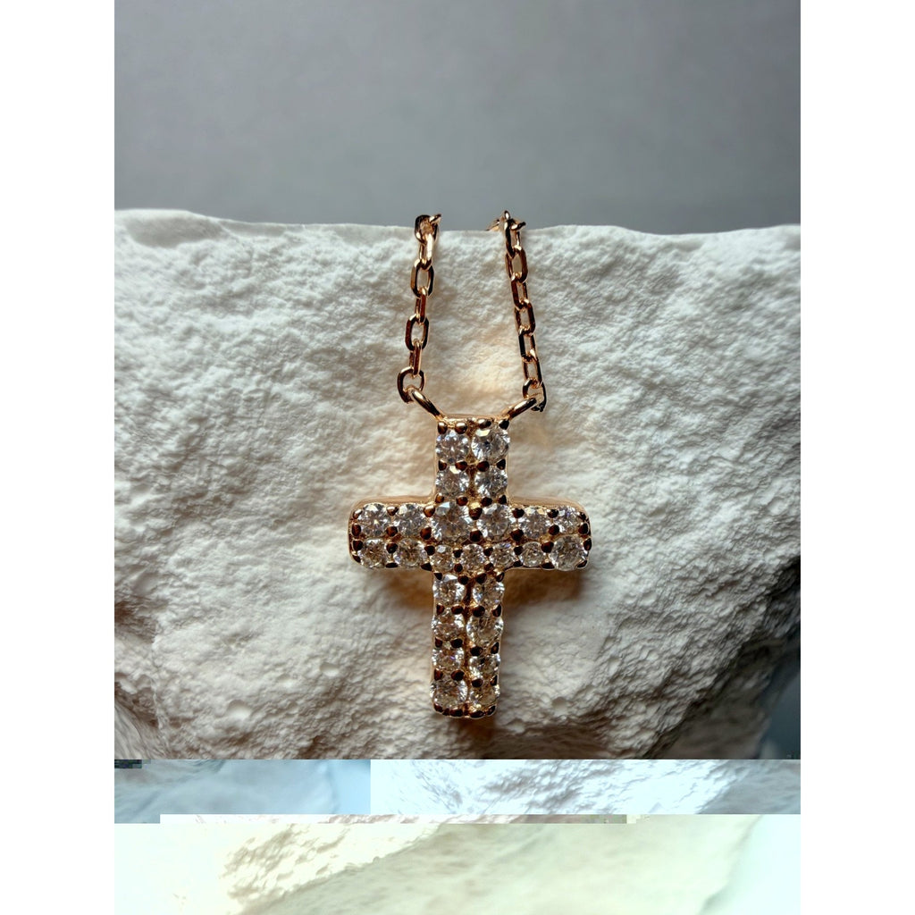 16+1" 0.25ctw VVS Moissanite Rose Gold Cross Necklace 925 Sterling Silver