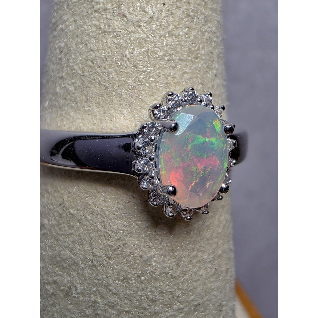 S7 Natural Ethiopian Opal w/0.46ctw Moissanite Halo Ring 925 Sterling Silver