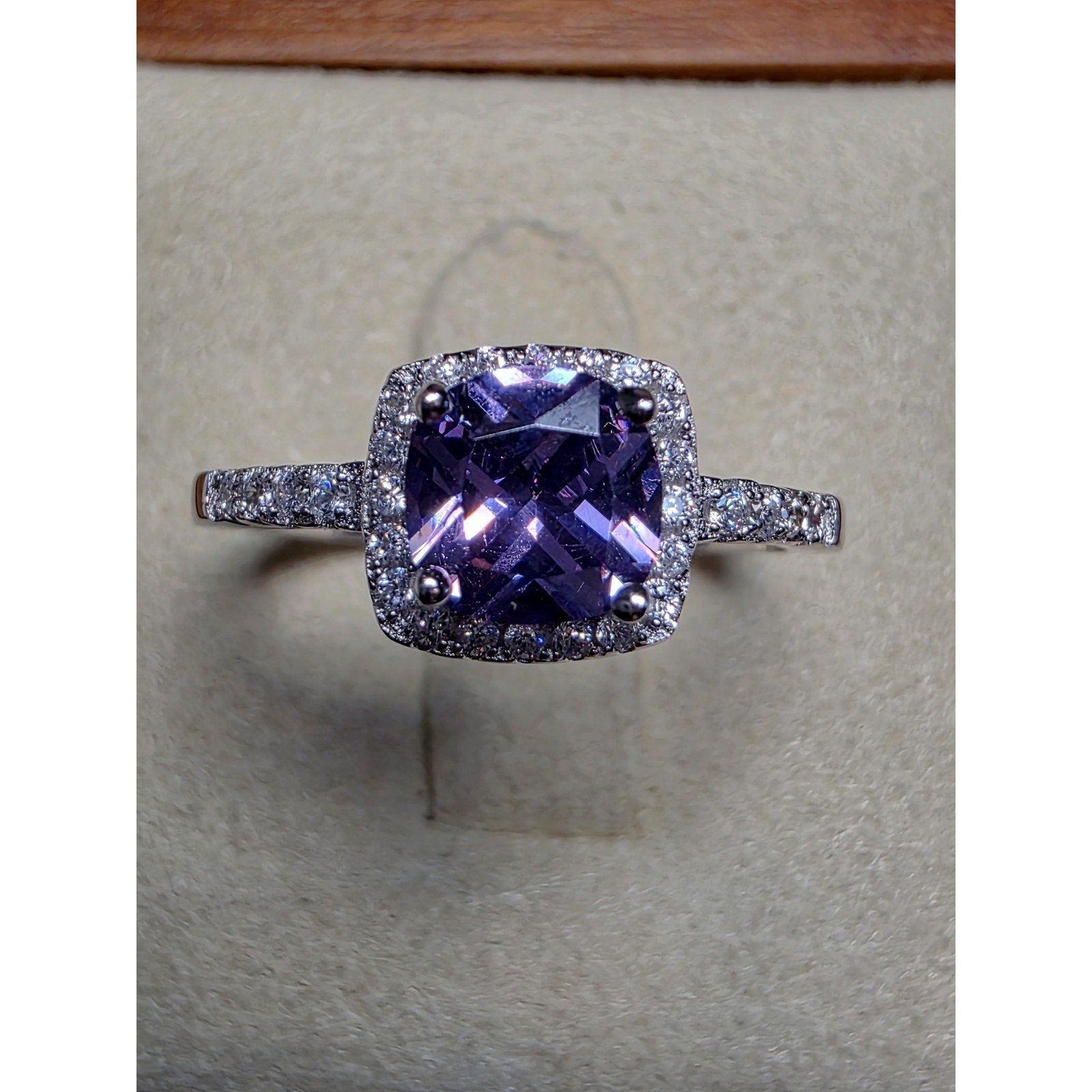 S6 Cushion Purple Amethyst Halo Moissanite Ring 925 Sterling Silver