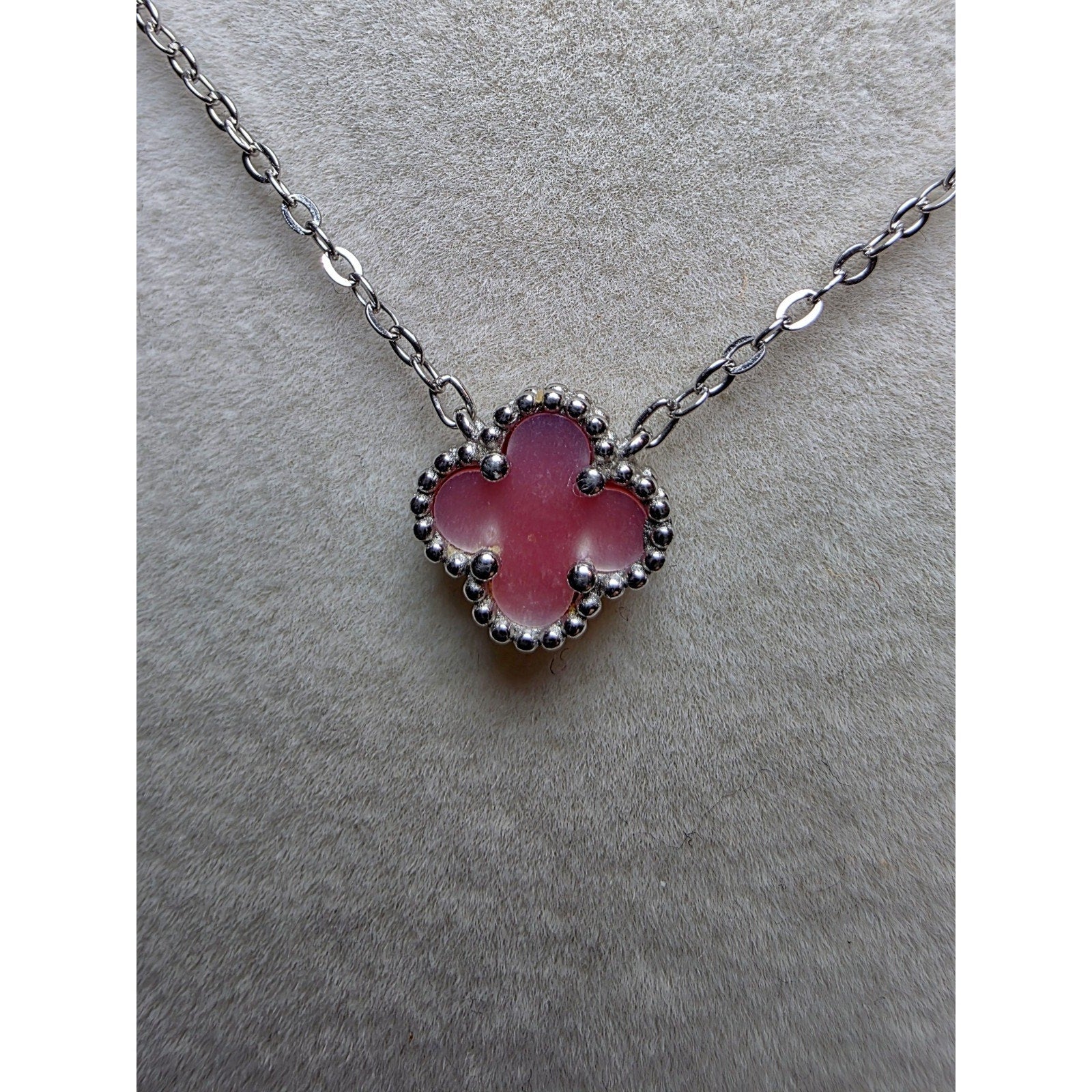 16+2" 925 Sterling Silver Clover Pendant Necklace with Pink Enamel