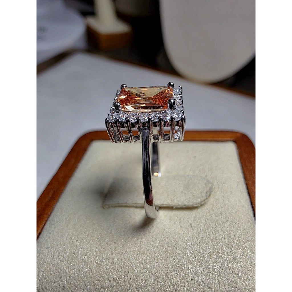 S7 Citrine Gemstone w/Moissanite Halo Ring 925 Sterling Silver
