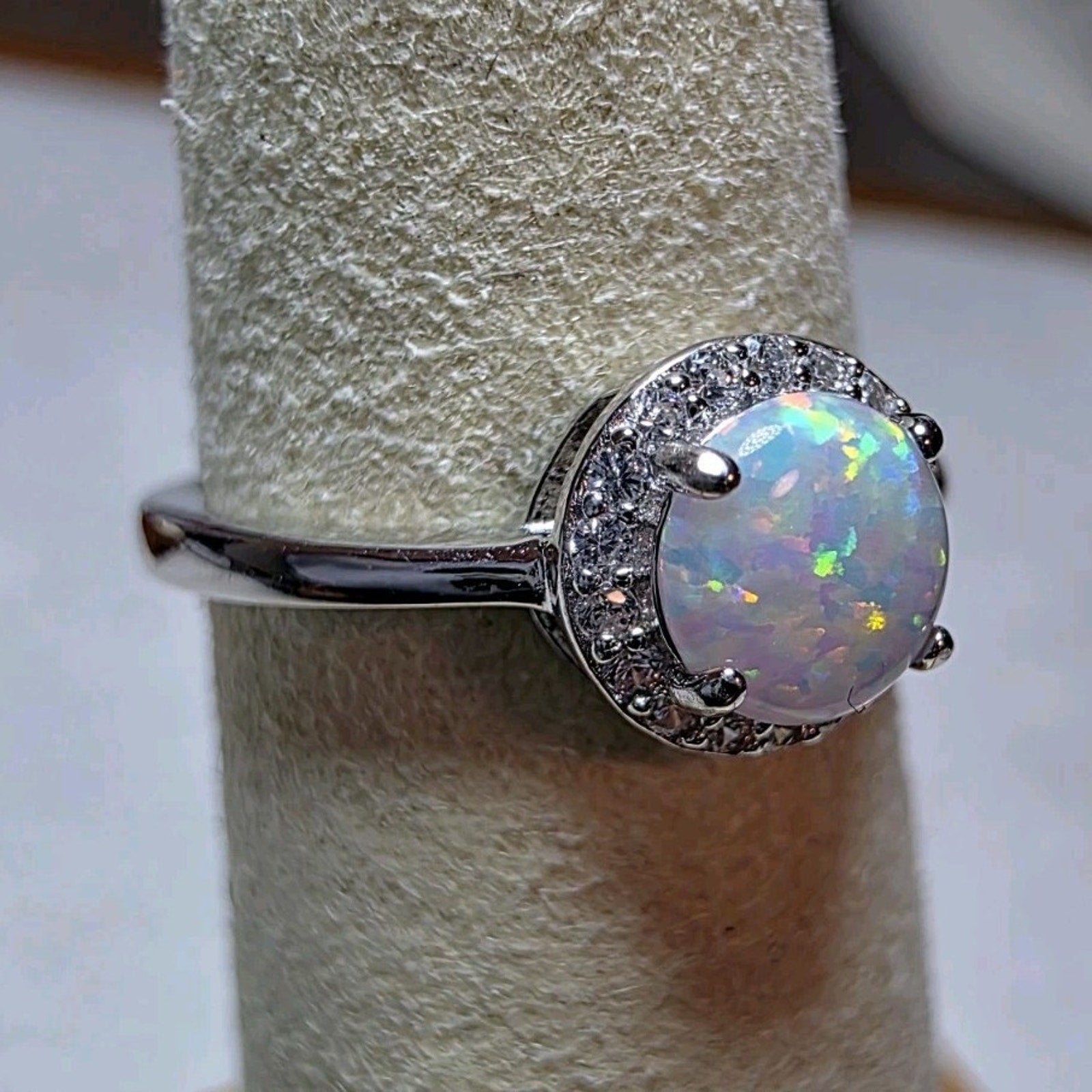 S5 Natural Opal Moissanite Halo Ring 925 Sterling Silver Stamped