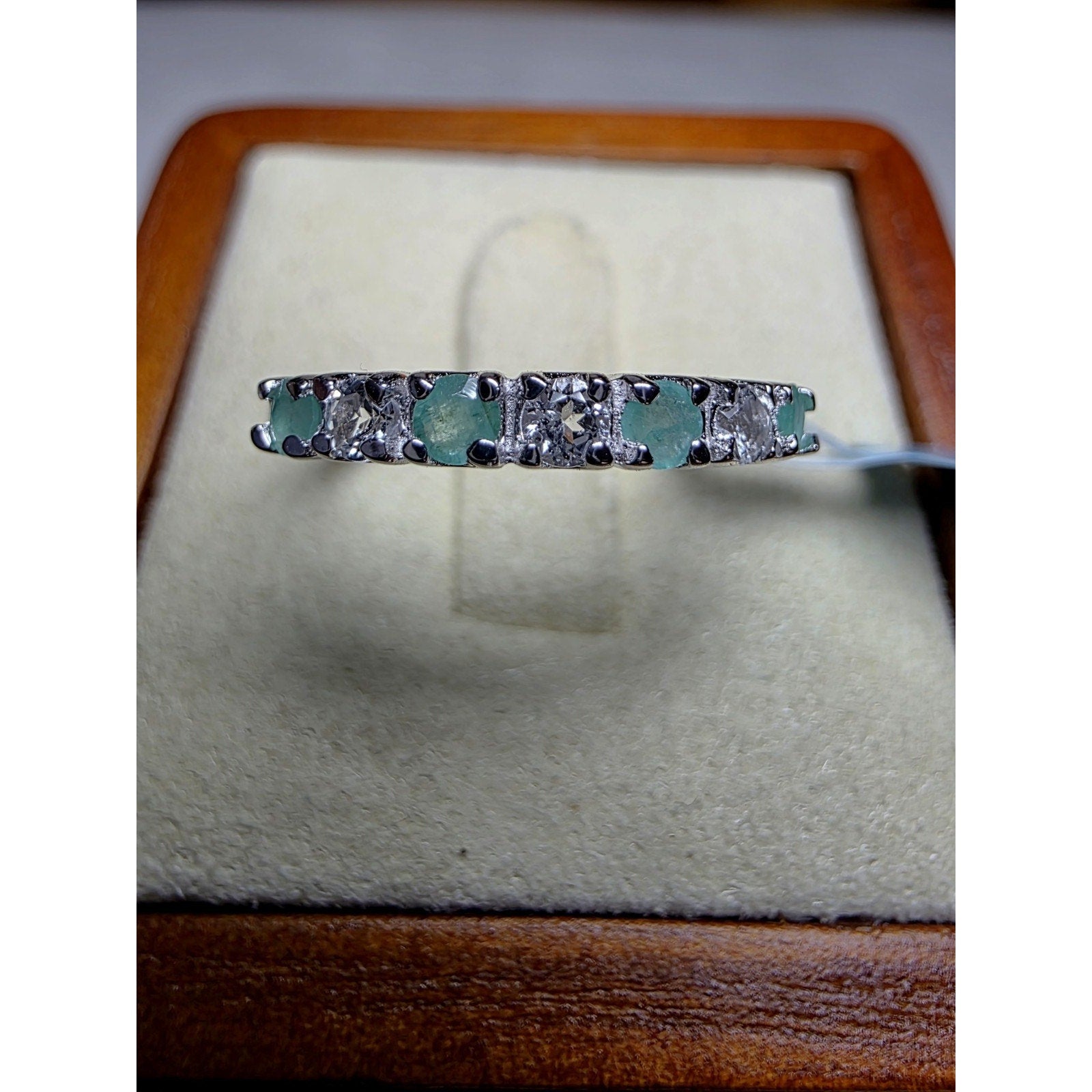 S7 Natural Emerald & 0.46ctw Moissanite Half Eternity Band 925 Sterling Silver
