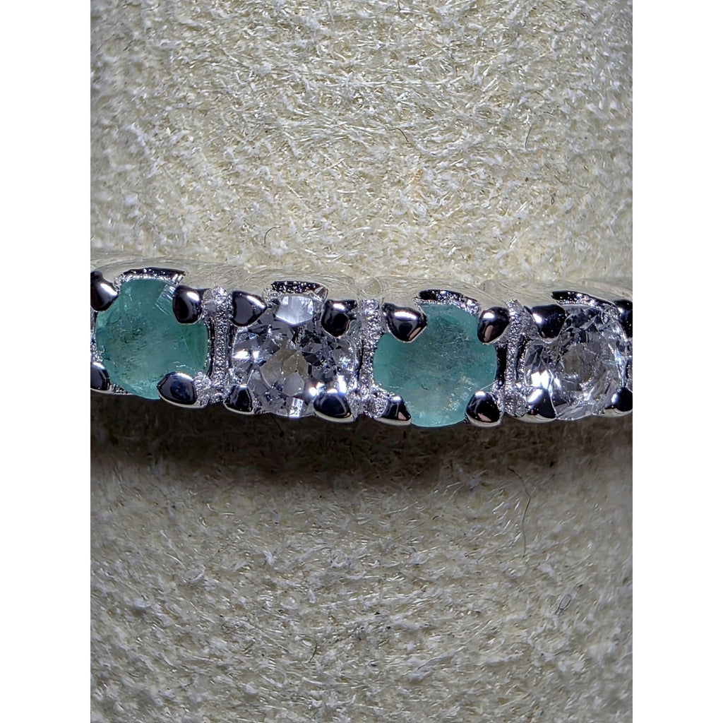 S7 Natural Emerald & 0.46ctw Moissanite Half Eternity Band 925 Sterling Silver