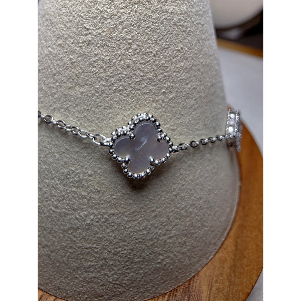 7-8" MOP & Moissanite Alternating Clover Station Bracelet Adjustable Stamped