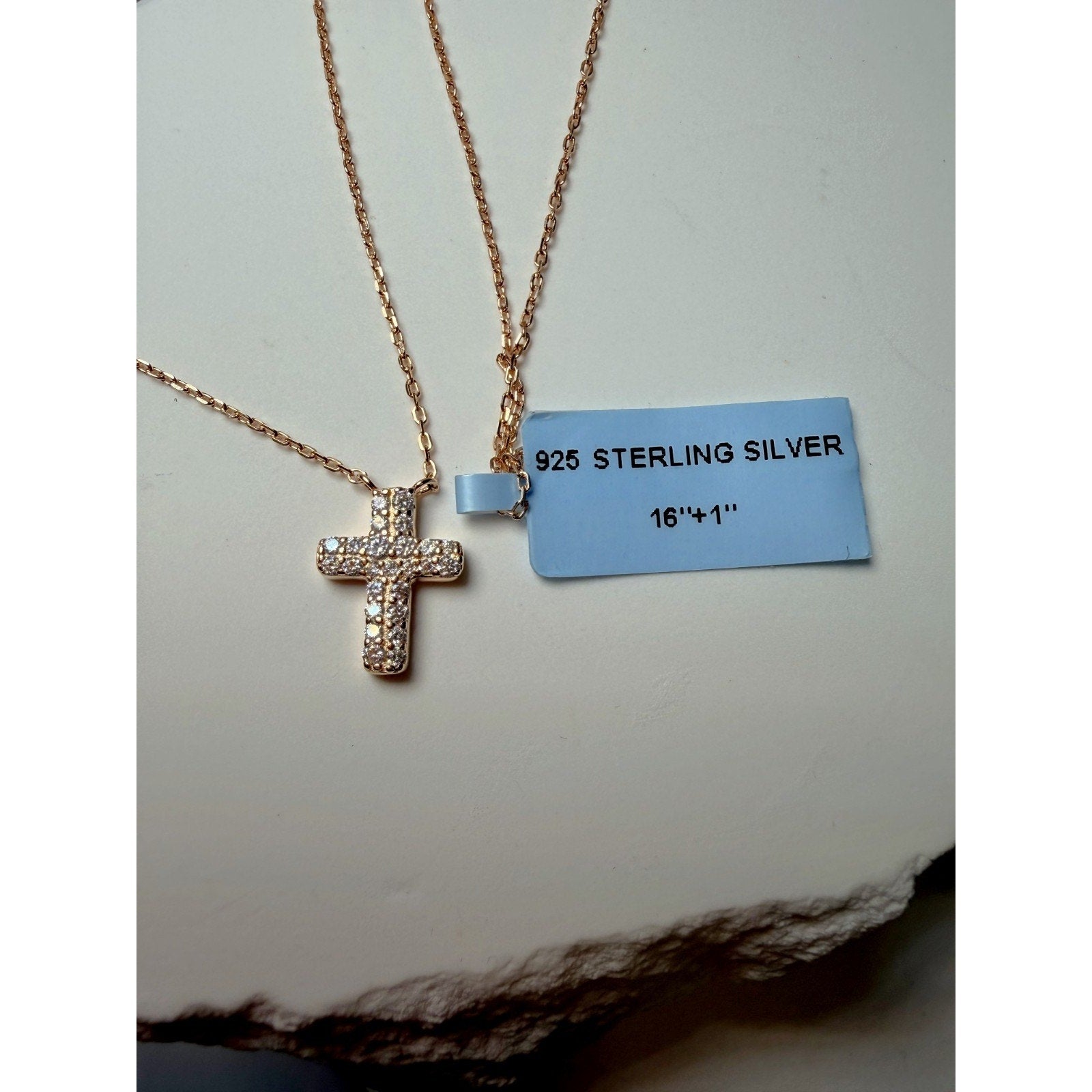 16+1" 0.25ctw VVS Moissanite Rose Gold Cross Necklace 925 Sterling Silver