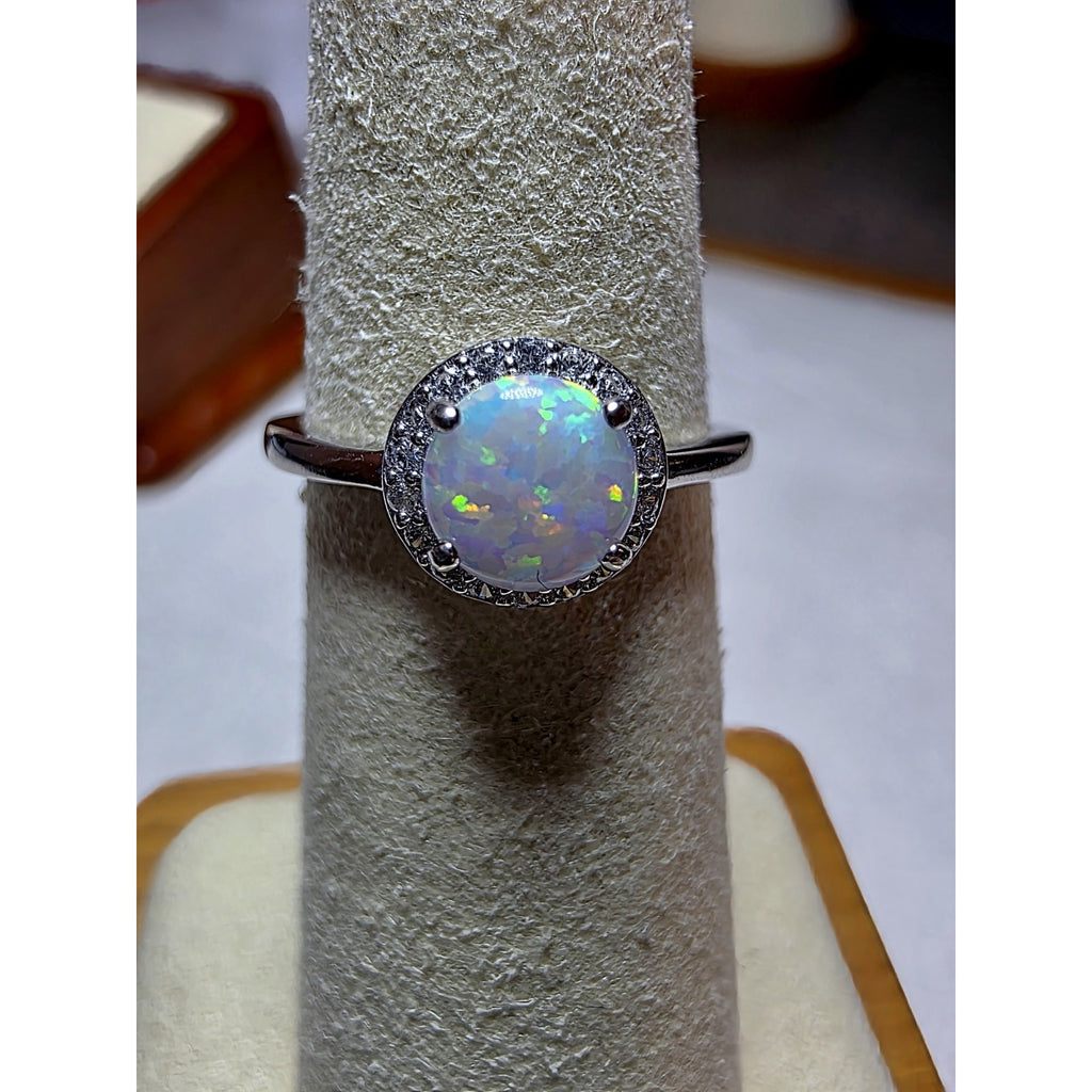 S5 Natural Opal Moissanite Halo Ring 925 Sterling Silver Stamped