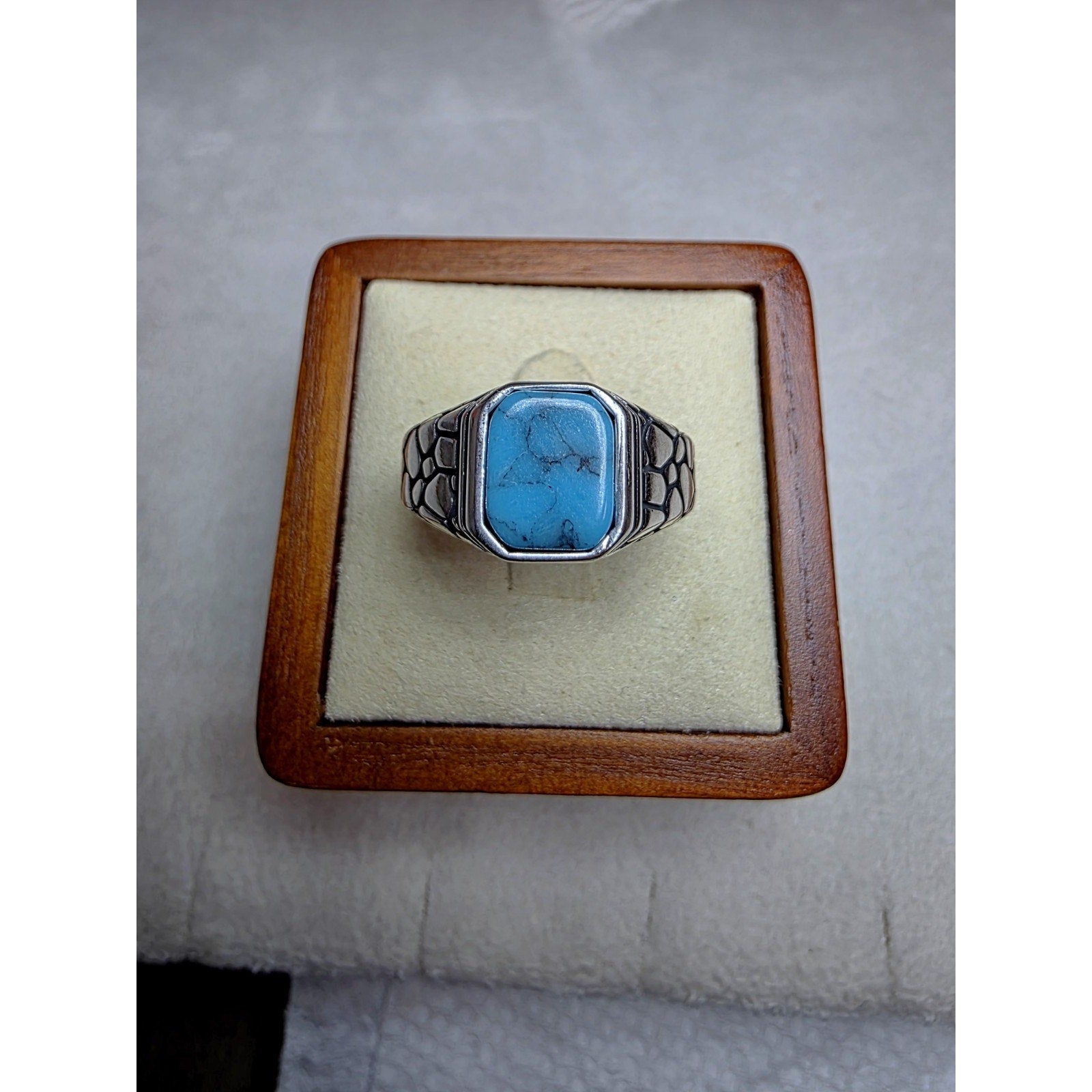 S10 Natural Turquoise Signet Engraved Ring 925 Sterling Silver