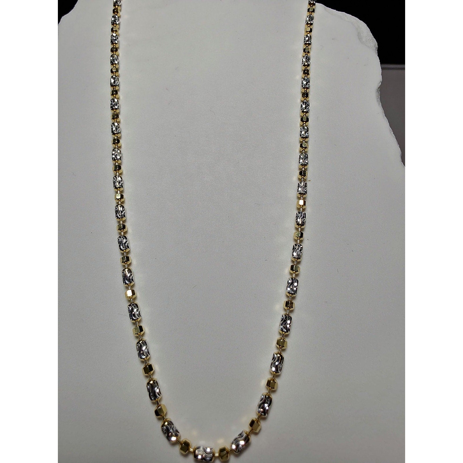 18" 2mm Two Tone Diamond Cut Station Barrel Necklace Gold Over 925 Sterling Silver