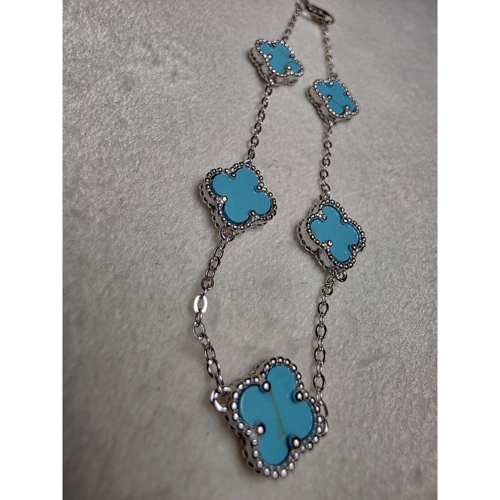 7+1" Turquoise Station Clover Bracelet Adjustable 925 Sterling Silver