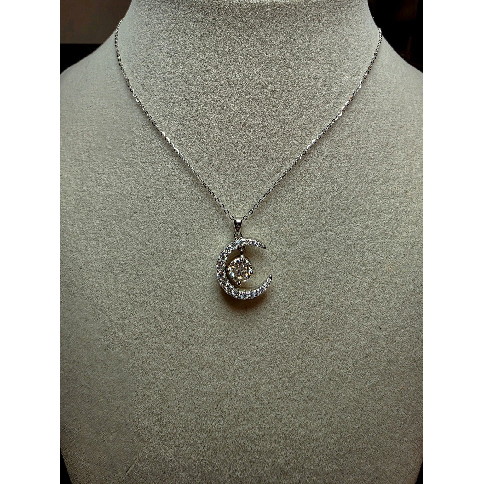 18-20" 1.54ctw Moissanite Crescent Moon and Star Pendant 925 Sterling Silver