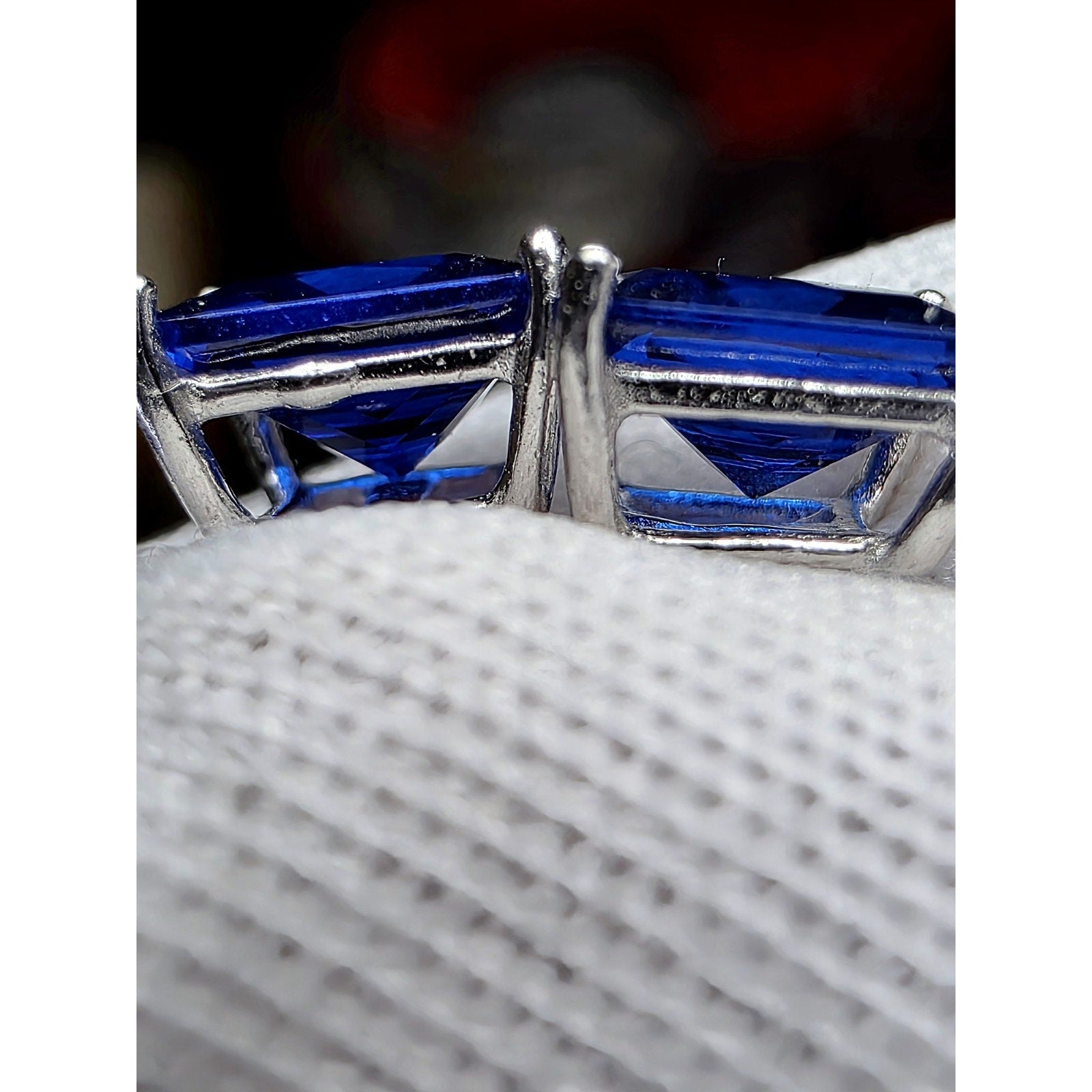 7mm Lab Sapphire Princess Cut Earrings w/Butterfly Back 925 Sterling Silver