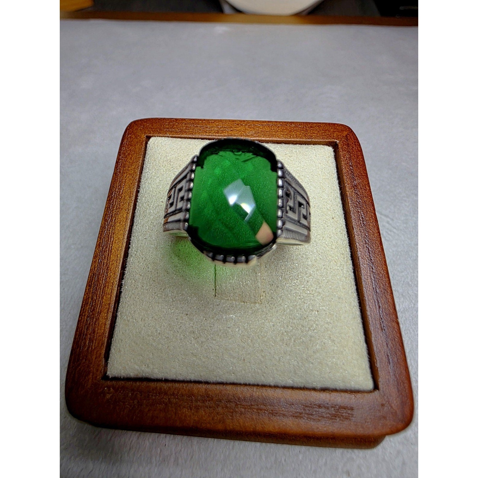 S9.5 Emerald Signet Engraved Ring 925 Sterling Silver