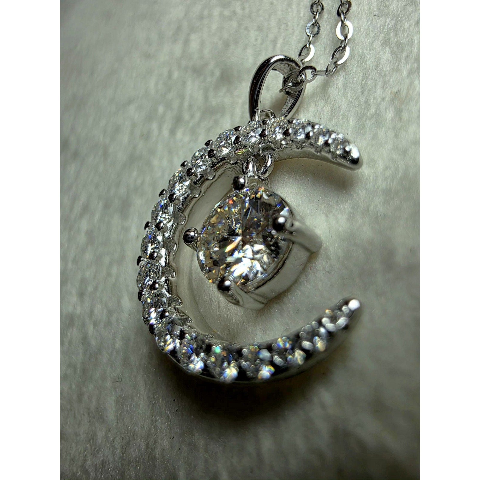 18-20" 1.54ctw Moissanite Crescent Moon and Star Pendant 925 Sterling Silver