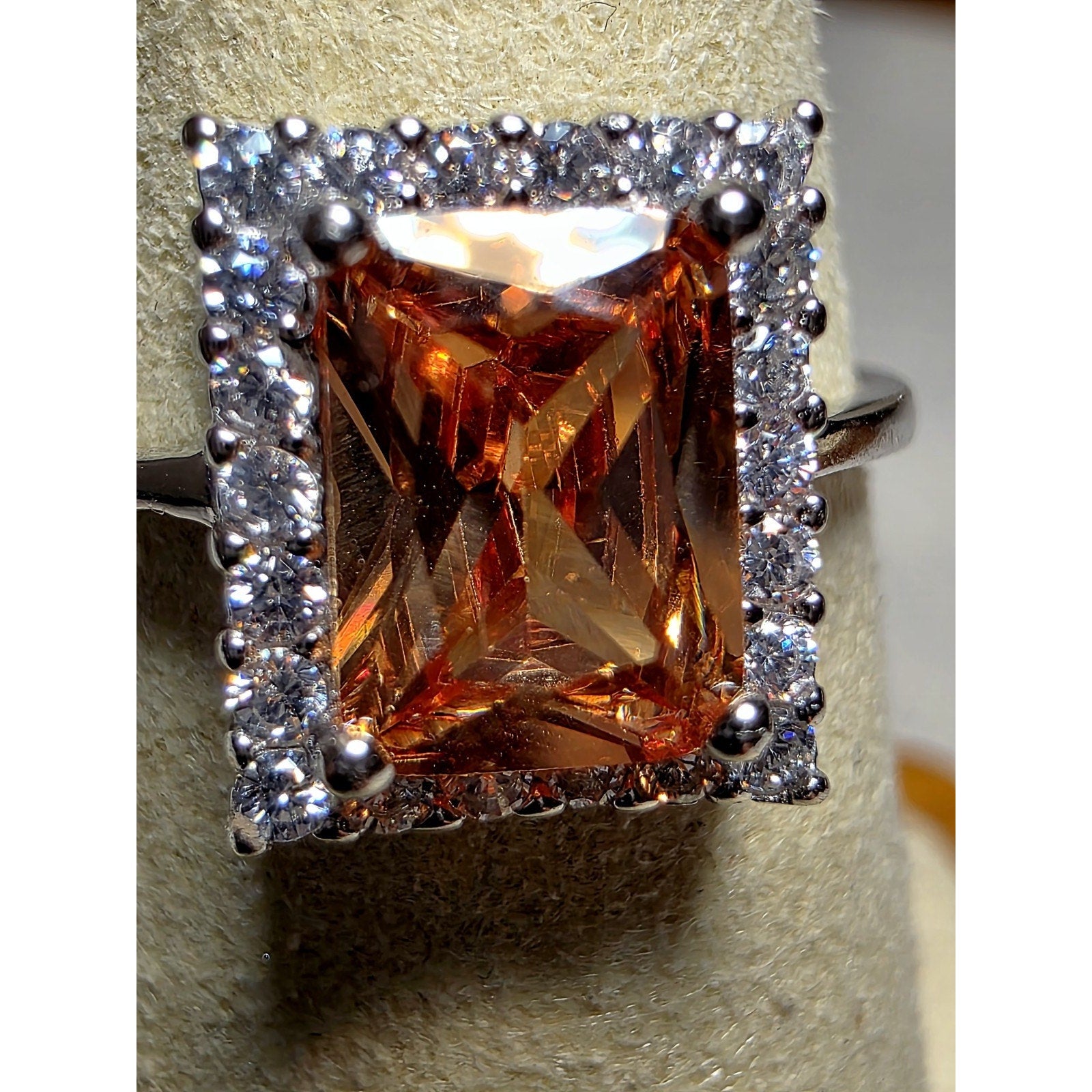 S7 Citrine Gemstone w/Moissanite Halo Ring 925 Sterling Silver