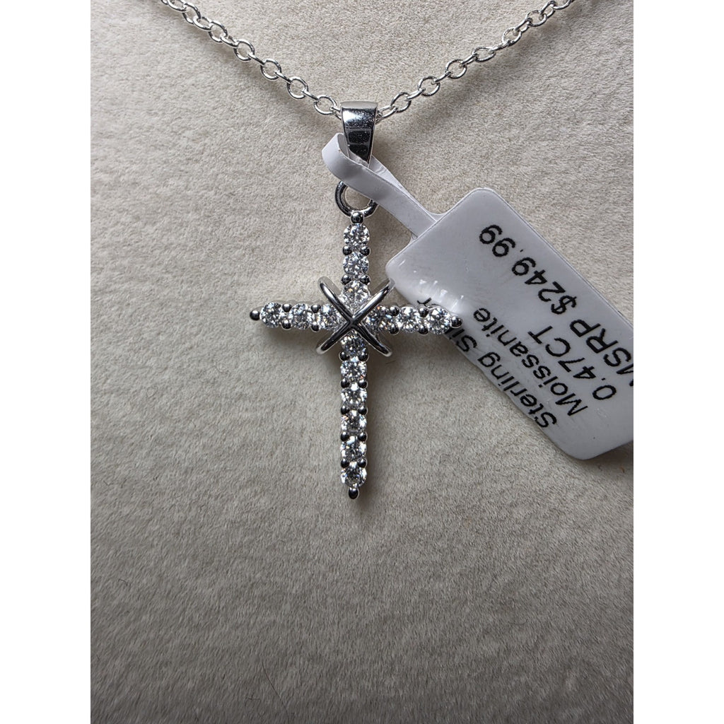 0.47CTW Moissanite Cross Pendant w/ 24" Rolo Necklace 925 Sterling Silver