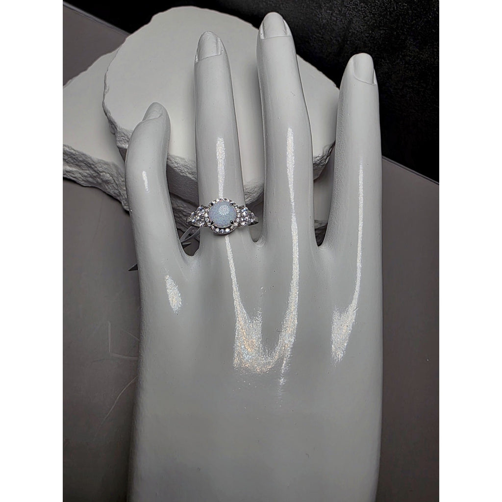 S7 Fire Opal w/ Moissanite Halo Ring 925 Sterling Silver