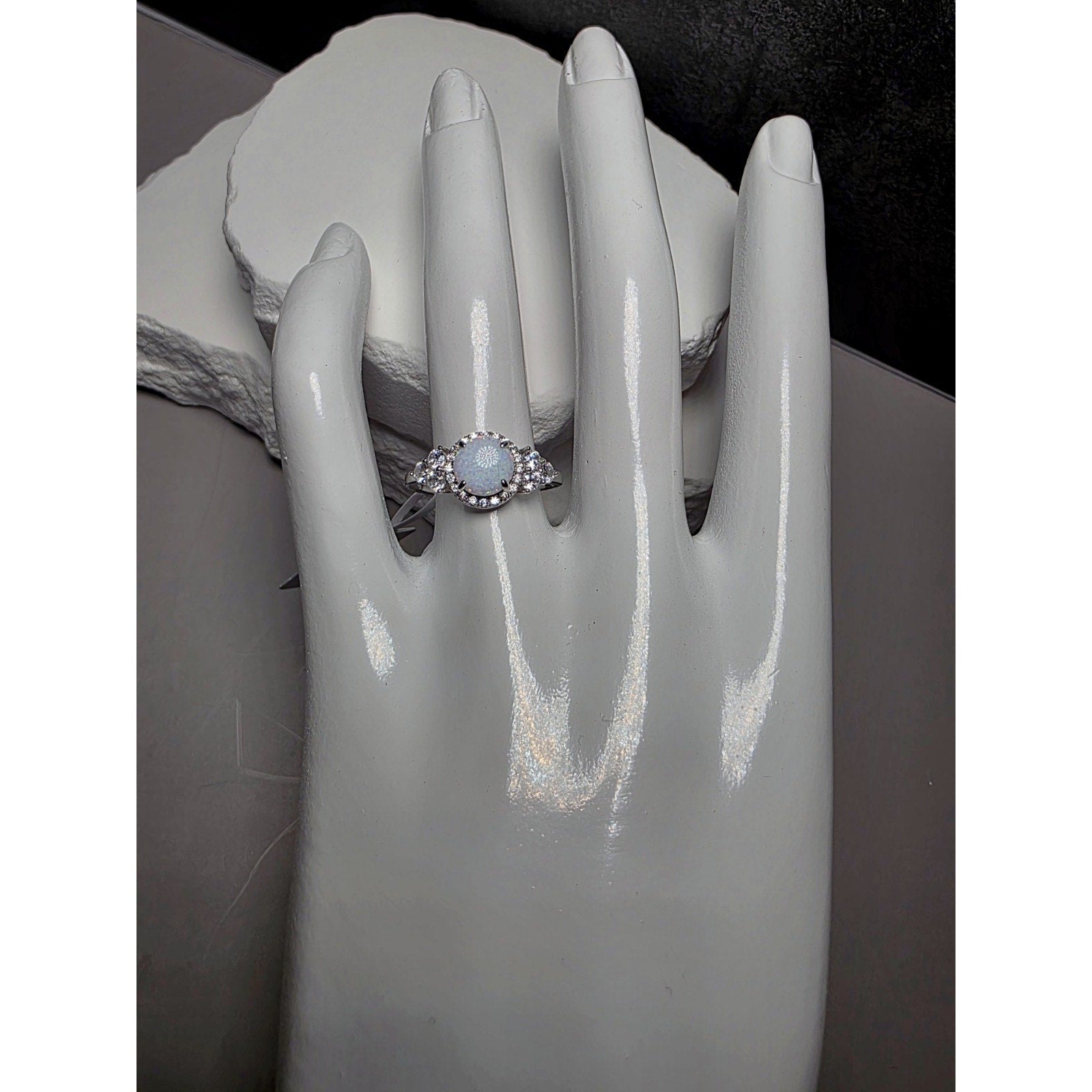 S7 Fire Opal w/ Moissanite Halo Ring 925 Sterling Silver