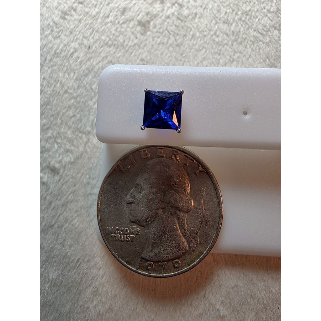 7mm Lab Sapphire Princess Cut Earrings w/Butterfly Back 925 Sterling Silver
