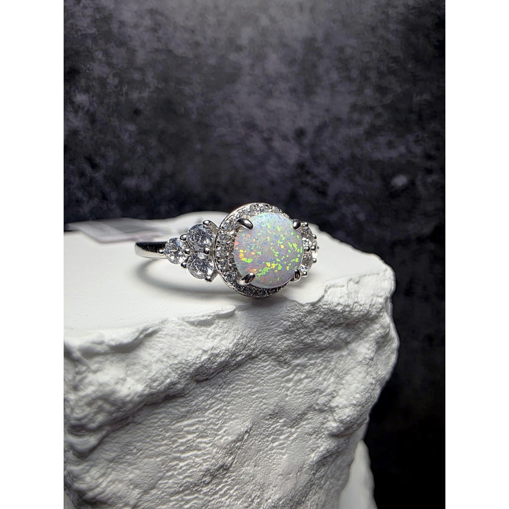 S7 Fire Opal w/ Moissanite Halo Ring 925 Sterling Silver