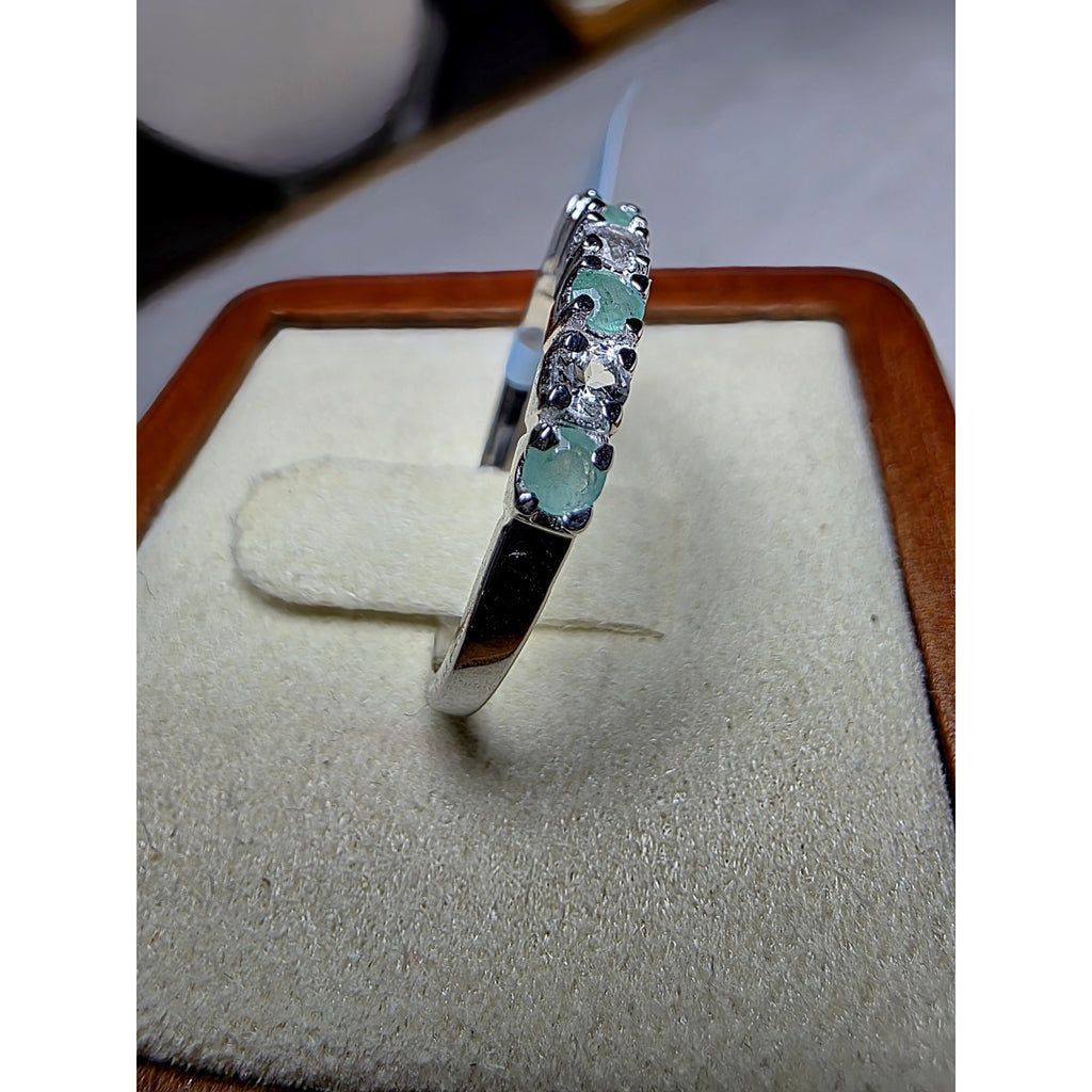 S7 Natural Emerald & 0.46ctw Moissanite Half Eternity Band 925 Sterling Silver