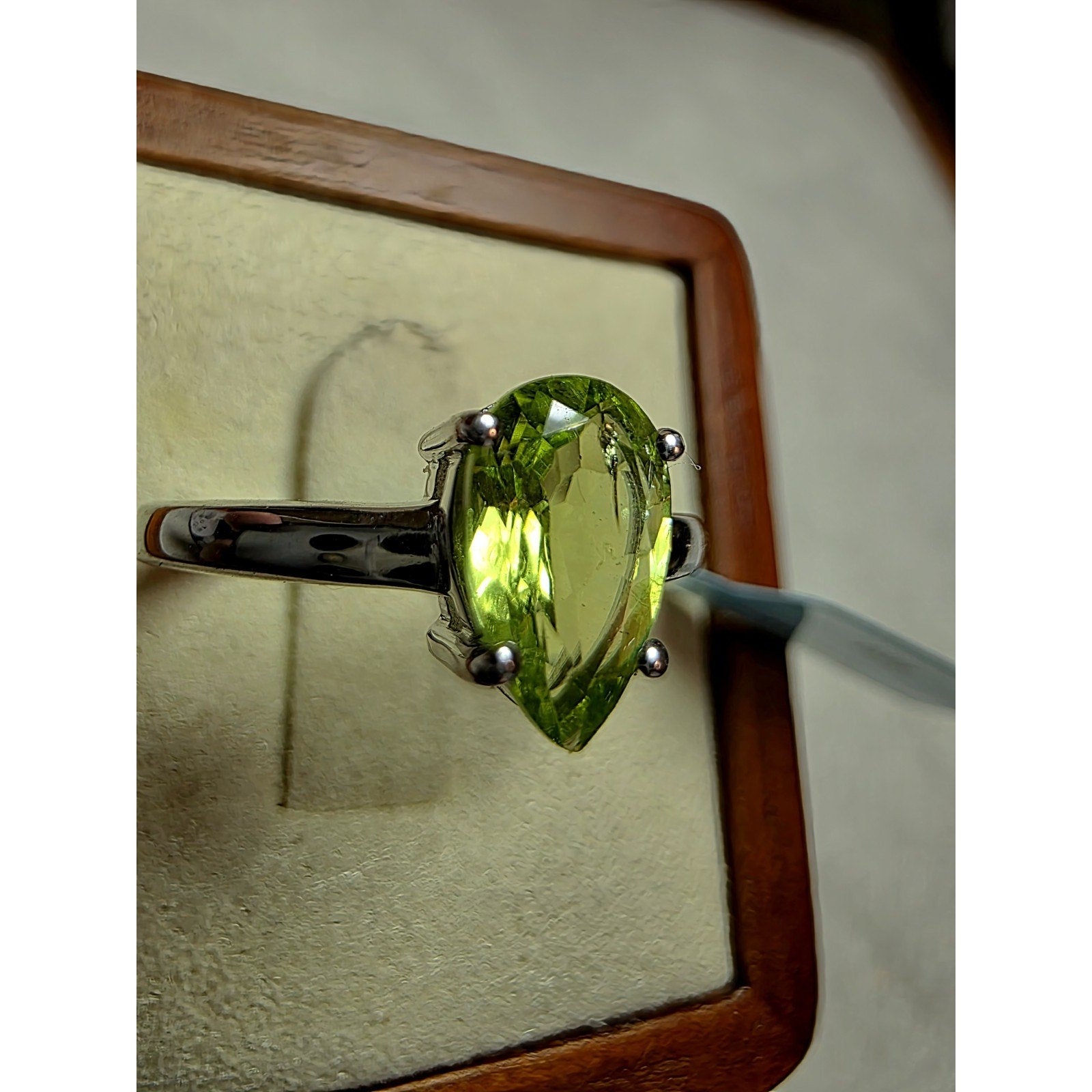 S6 Pear Natural Peridot Solitaire Ring Prong Set 925 Sterling Silver