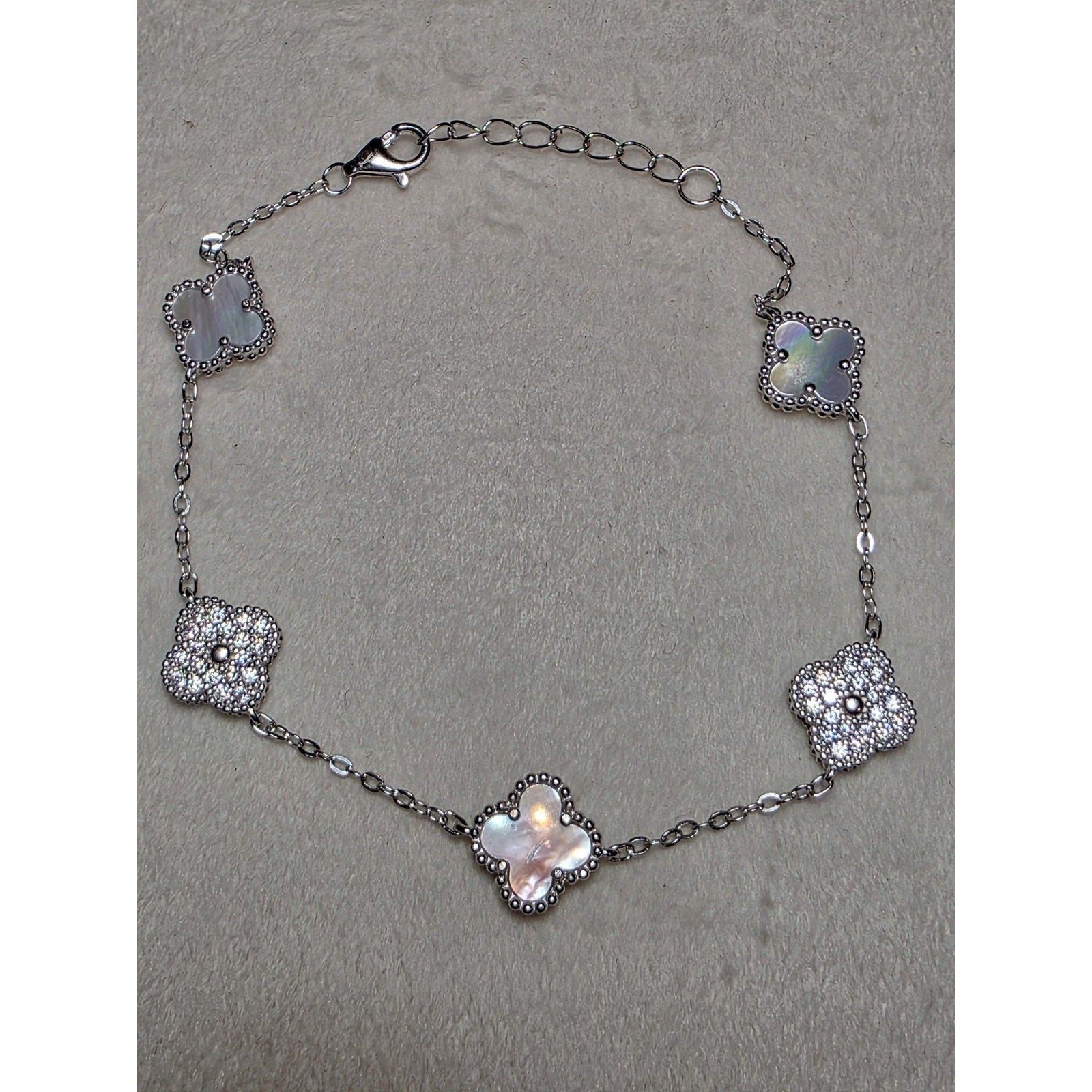 7-8" MOP & Moissanite Alternating Clover Station Bracelet Adjustable Stamped
