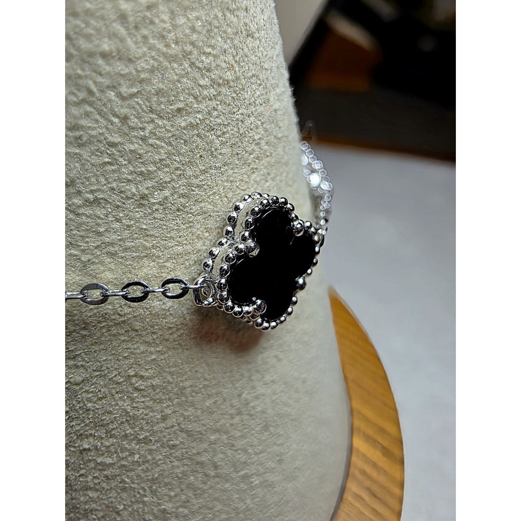 7+1" Black Onyx Station Clover Bracelet 925 Sterling Silver