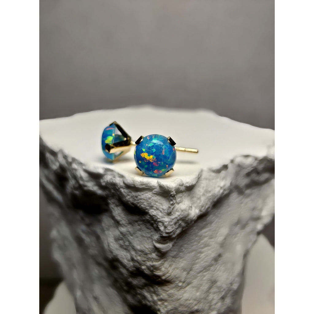 14k Solid Gold 5.6mm Blue Fire Opal Studs Stamped w/Silicon Back