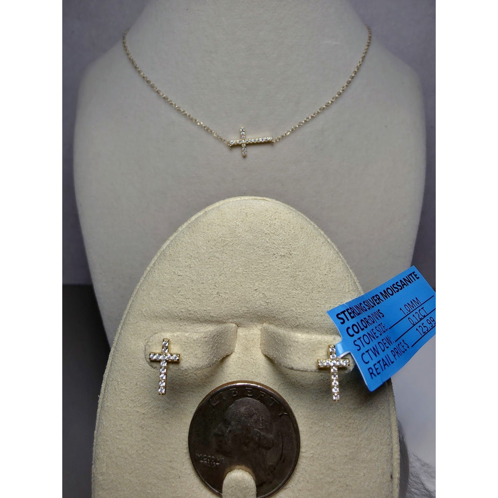 16+2" Gold Cross VVSD Moissanite Necklace & Earrings Bundle w/GRA Certificates