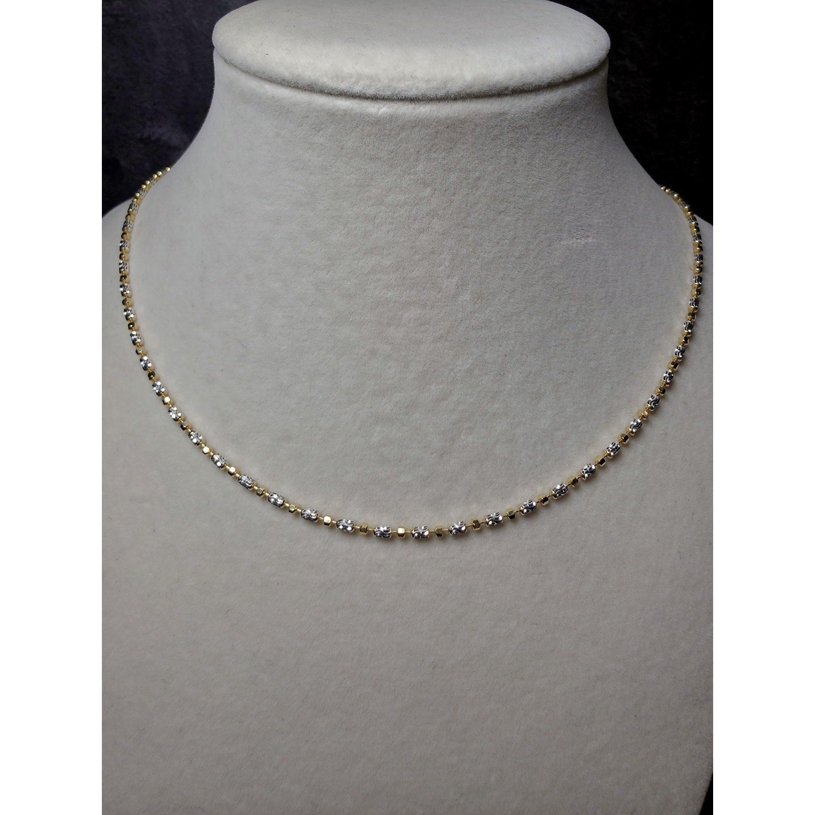 18" 2mm Two Tone Diamond Cut Station Barrel Necklace Gold Over 925 Sterling Silver