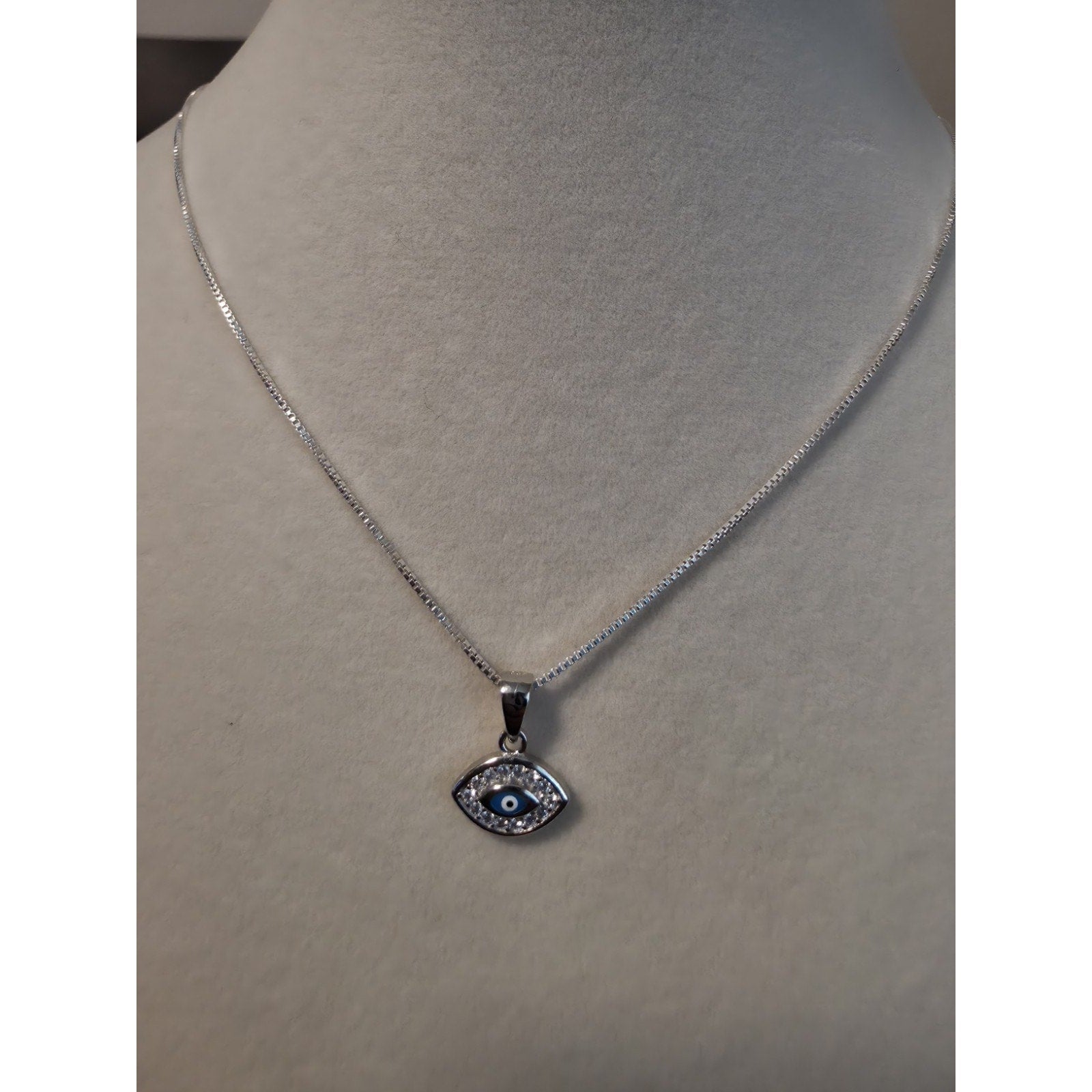 18" Box Necklace w/ Evil Eye Moissanite Pendant 925 Silver