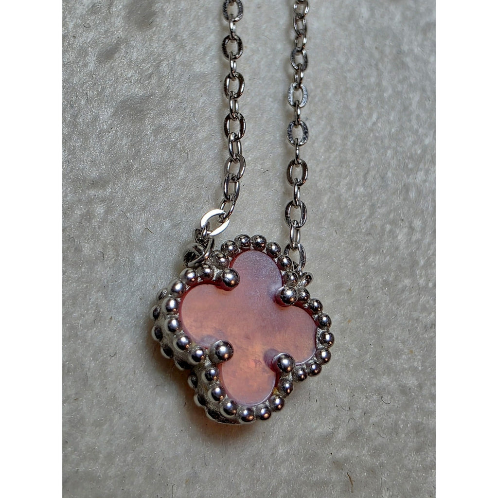 16+2" 925 Sterling Silver Clover Pendant Necklace with Pink Enamel