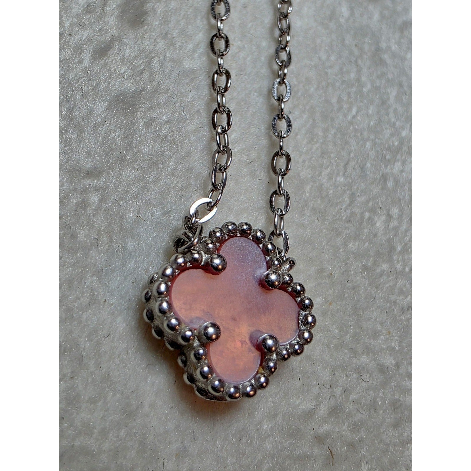 16+2" 925 Sterling Silver Clover Pendant Necklace with Pink Enamel