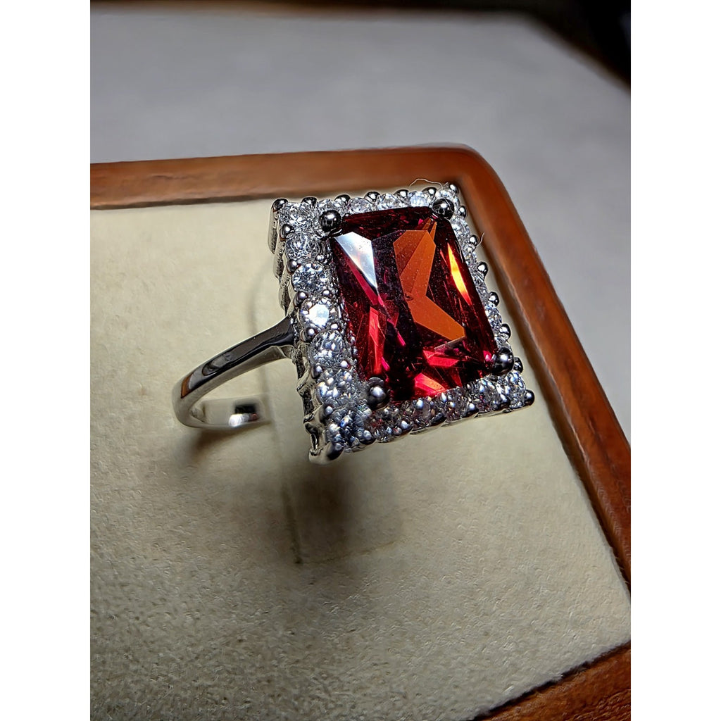 S7 Garnet w/Moissanite Halo Ring 925 Sterling Silver