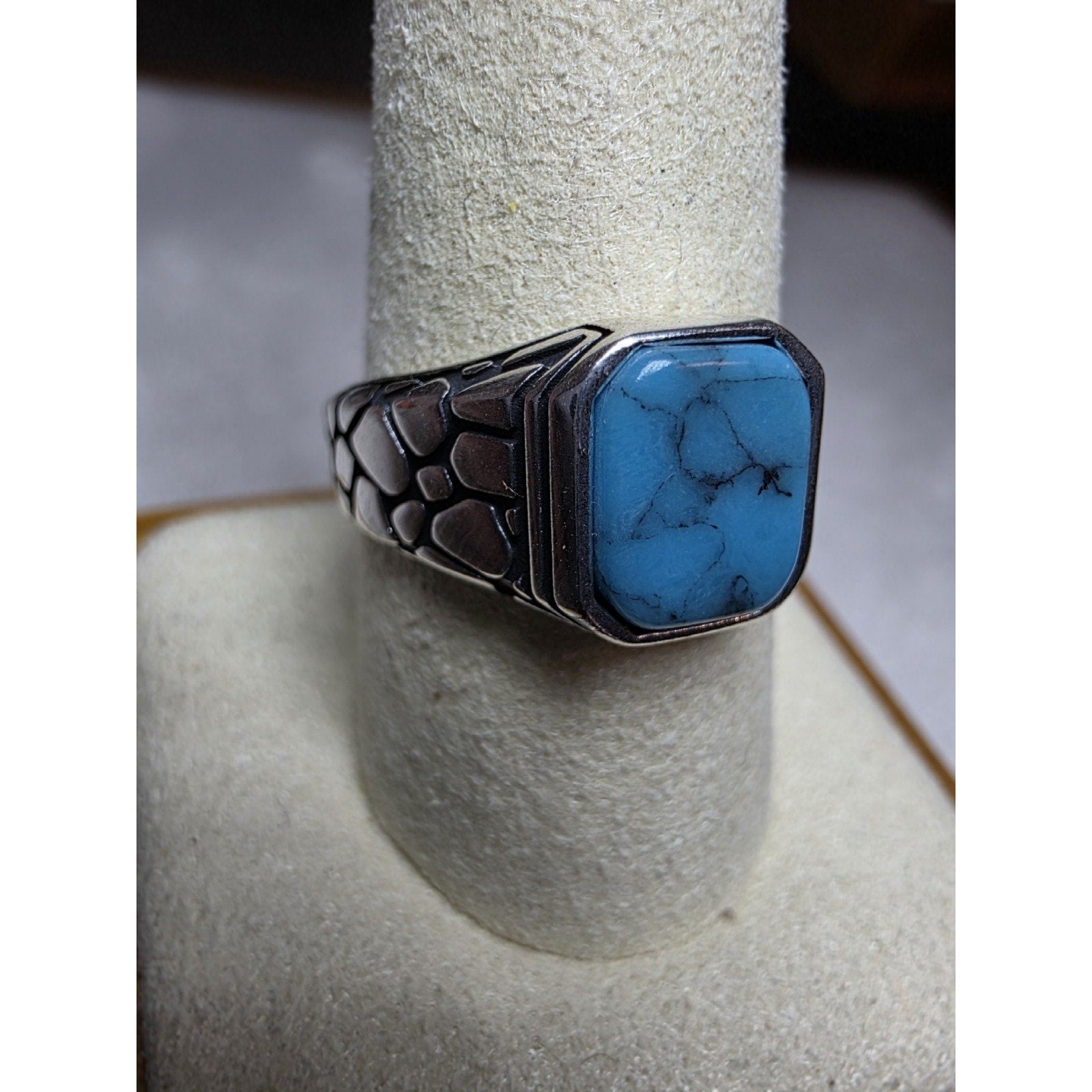 S10 Natural Turquoise Signet Engraved Ring 925 Sterling Silver