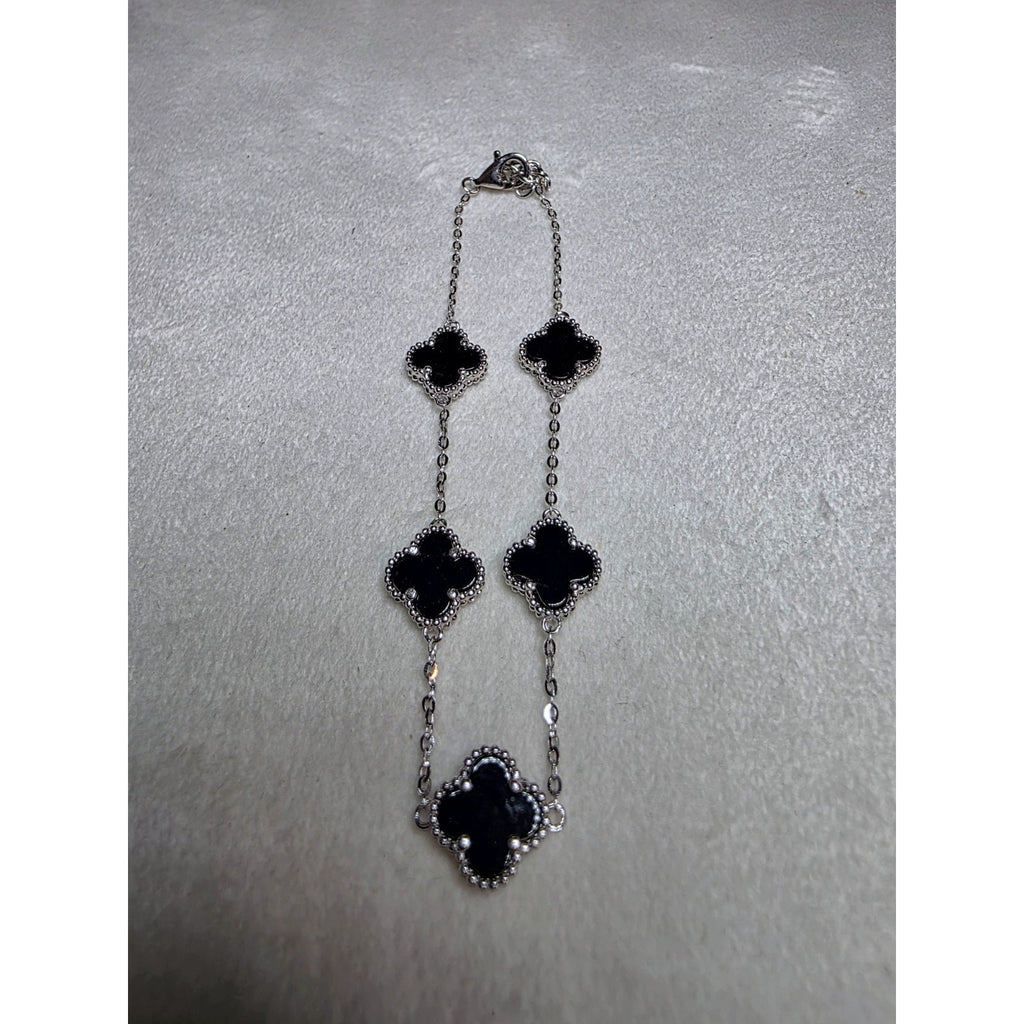 7+1" Black Onyx Station Clover Bracelet 925 Sterling Silver