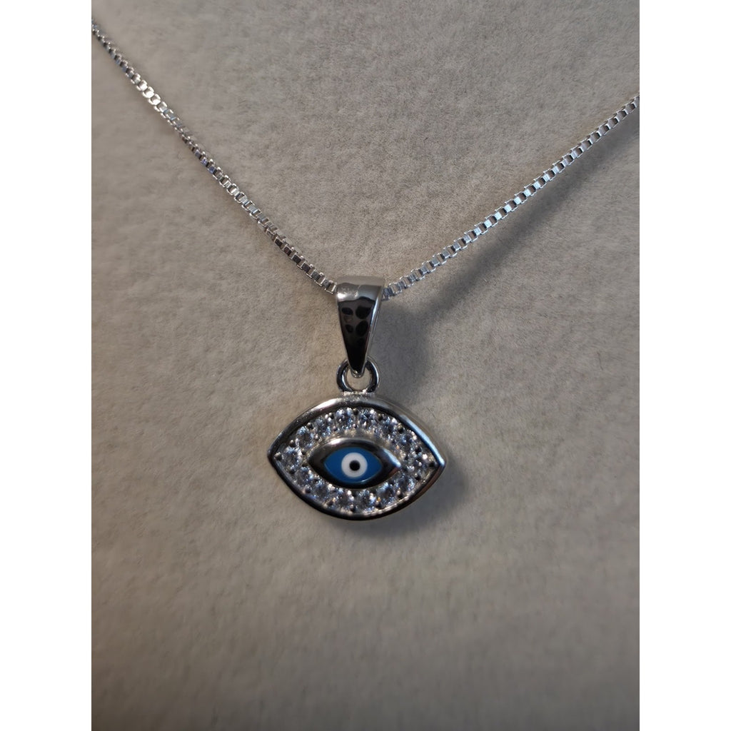 18" Box Necklace w/ Evil Eye Moissanite Pendant 925 Silver