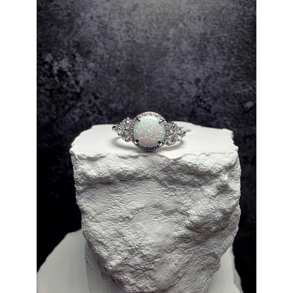 S7 Fire Opal w/ Moissanite Halo Ring 925 Sterling Silver