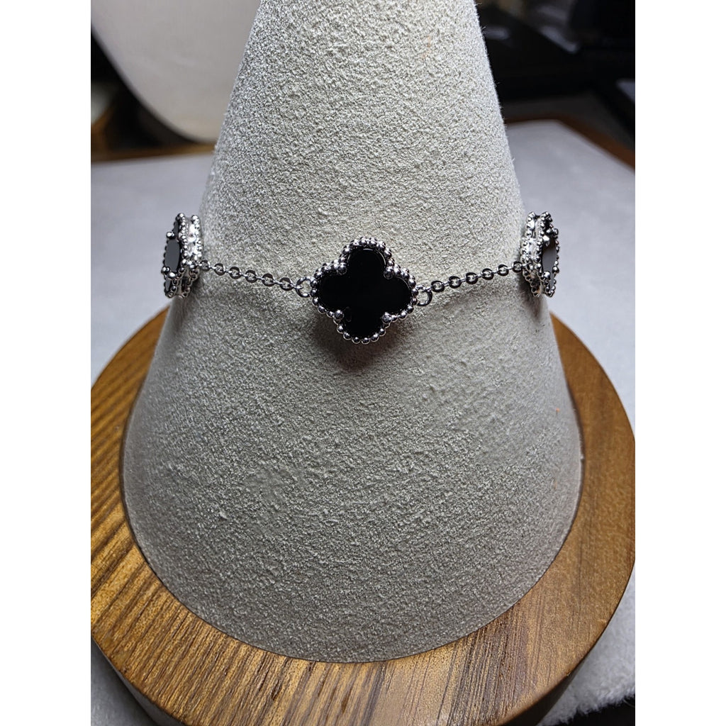 7+1" Black Onyx Station Clover Bracelet 925 Sterling Silver