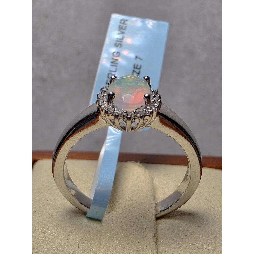 S7 Natural Ethiopian Opal w/0.46ctw Moissanite Halo Ring 925 Sterling Silver