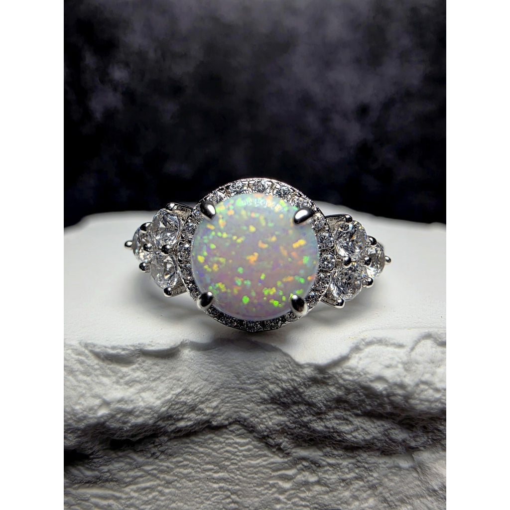 S7 Fire Opal w/ Moissanite Halo Ring 925 Sterling Silver
