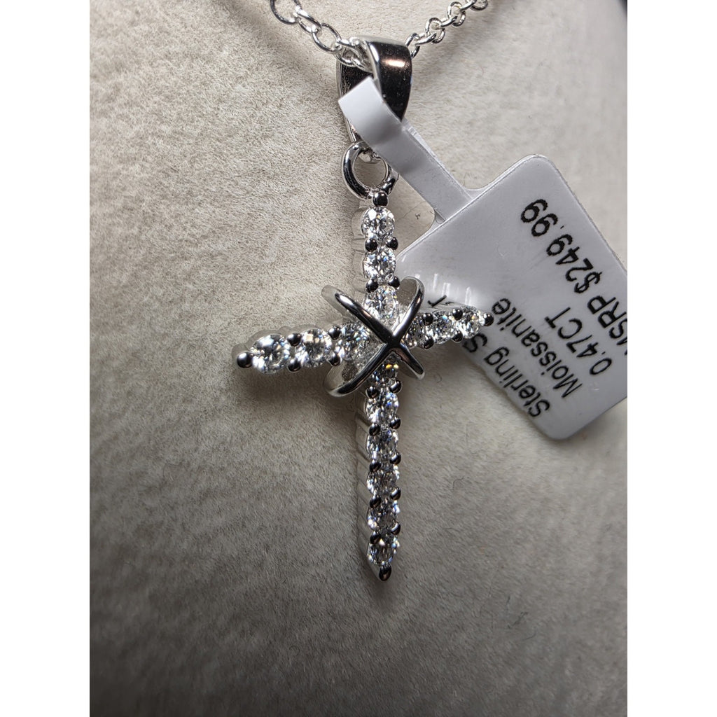 0.47CTW Moissanite Cross Pendant w/ 24" Rolo Necklace 925 Sterling Silver