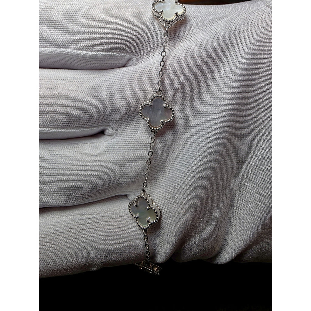 7+1 White Station Clover Bracelet Solid 925 Sterling Silver