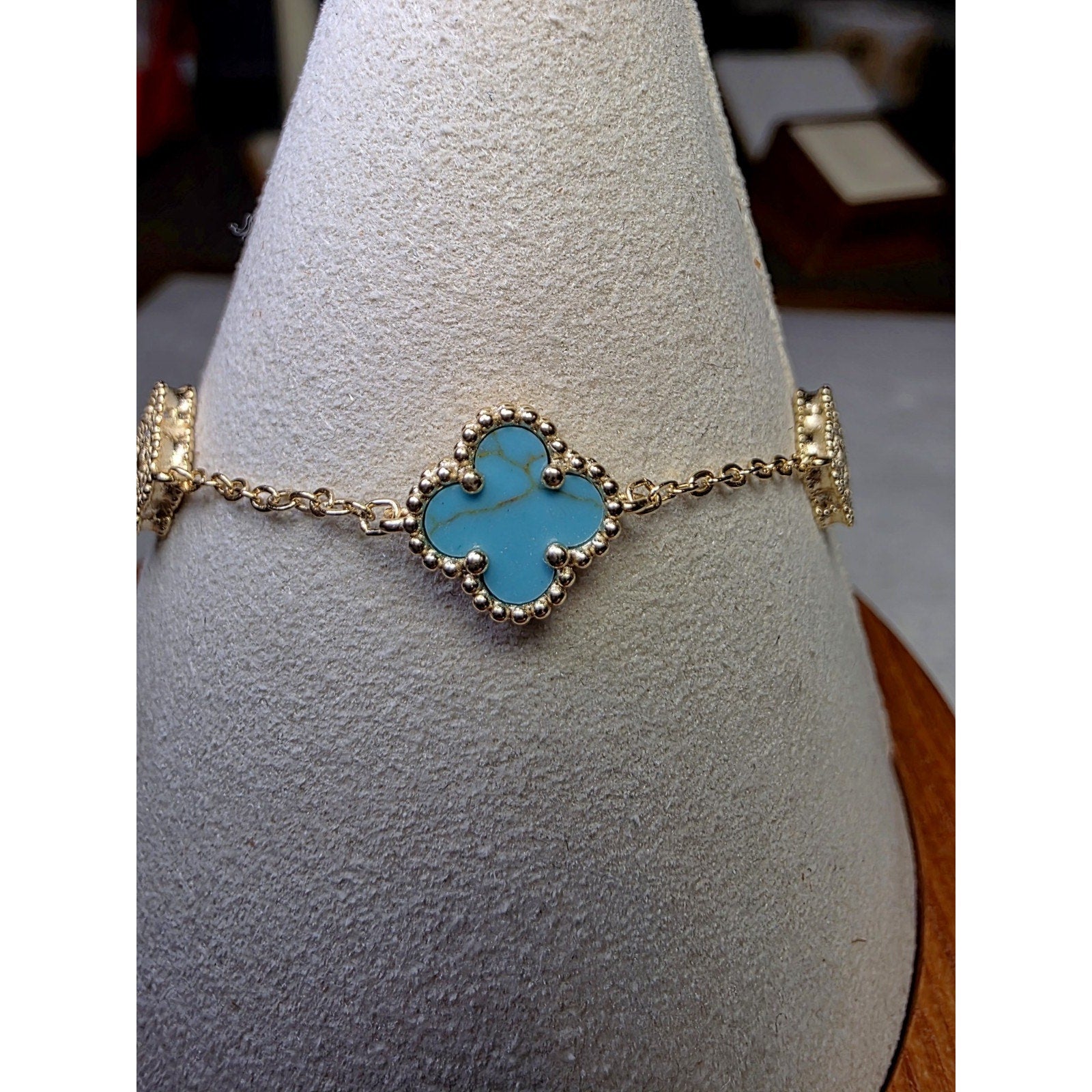 7+1" Turquoise&Moissanite Alternating Bracelet Gold over 925 Sterling Silver