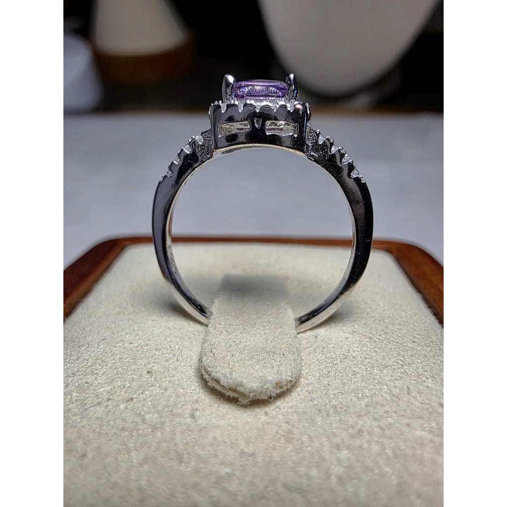 S6 Cushion Purple Amethyst Halo Moissanite Ring 925 Sterling Silver