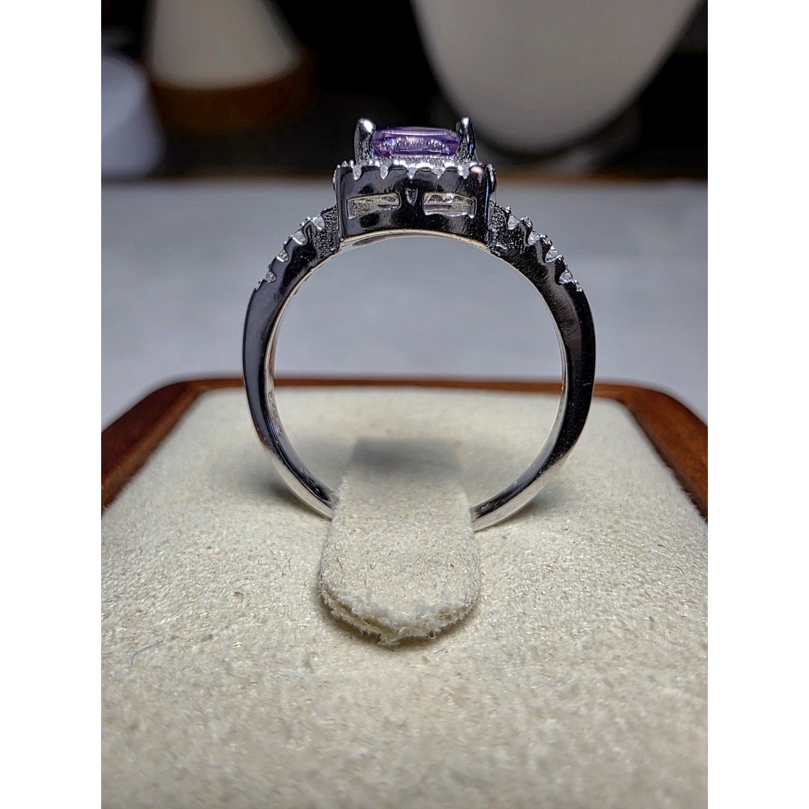 S6 Cushion Purple Amethyst Halo Moissanite Ring 925 Sterling Silver